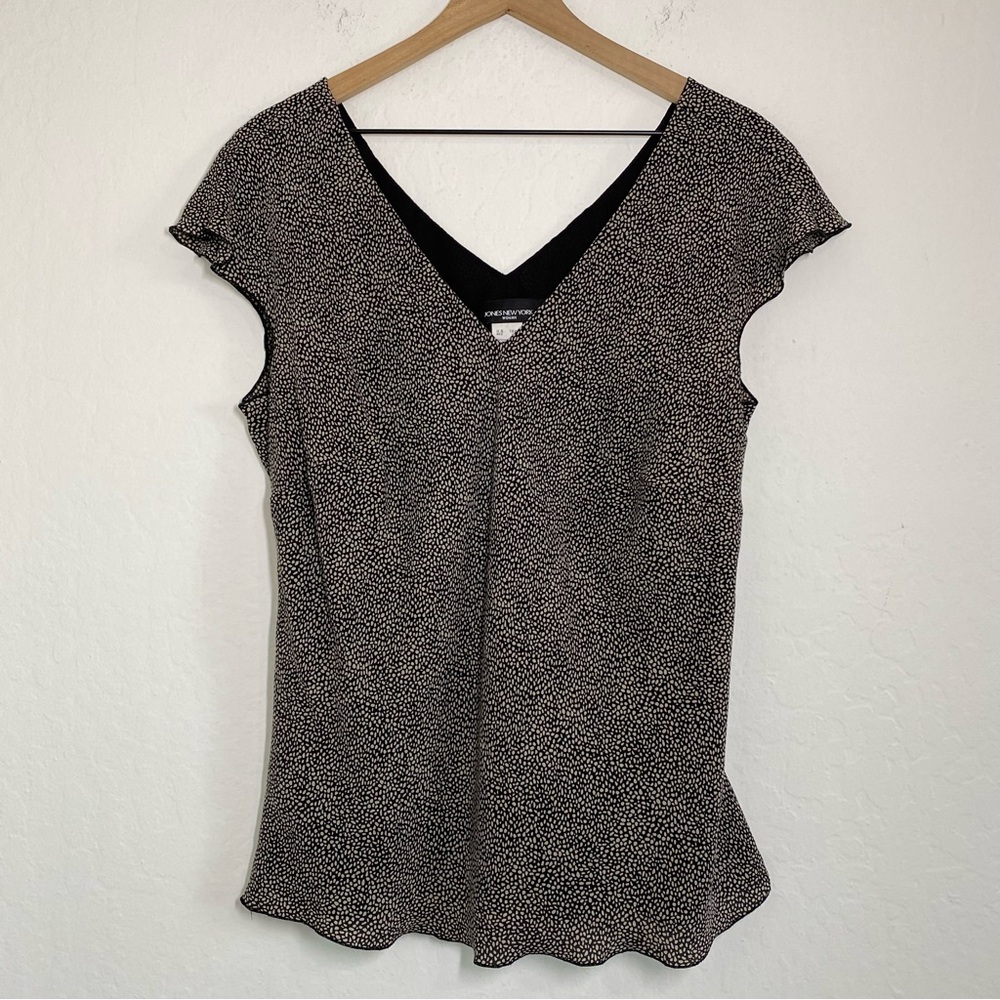 Jones New York Women’s 16W Silk Polka Dot V Neck Ruffle Sleeve Blouse Top